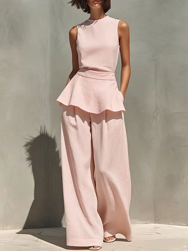 Solid Peplum Tank Top & Pants Set