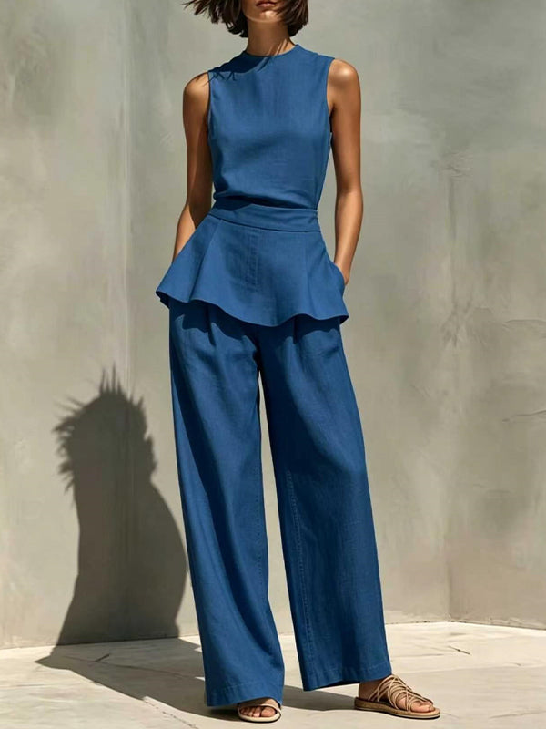 Solid Peplum Tank Top & Pants Set
