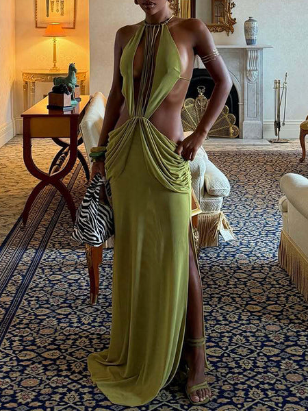 Boho Cutout Ruched Halter Dress