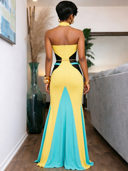 Colorblock Halter Maxi Dress