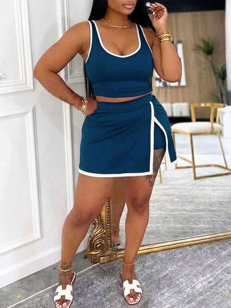 Contrast Tank Top & Slit Skirt Set