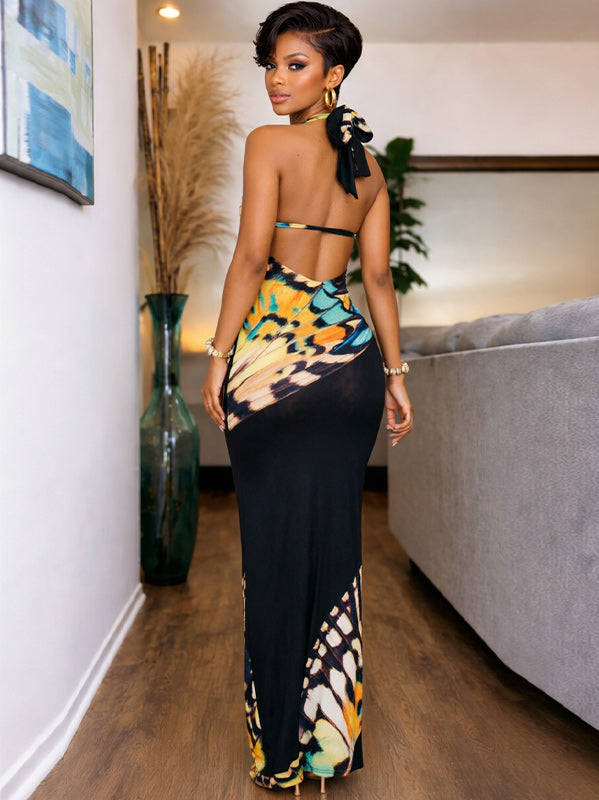 Printed Lace-Up Halter Dress