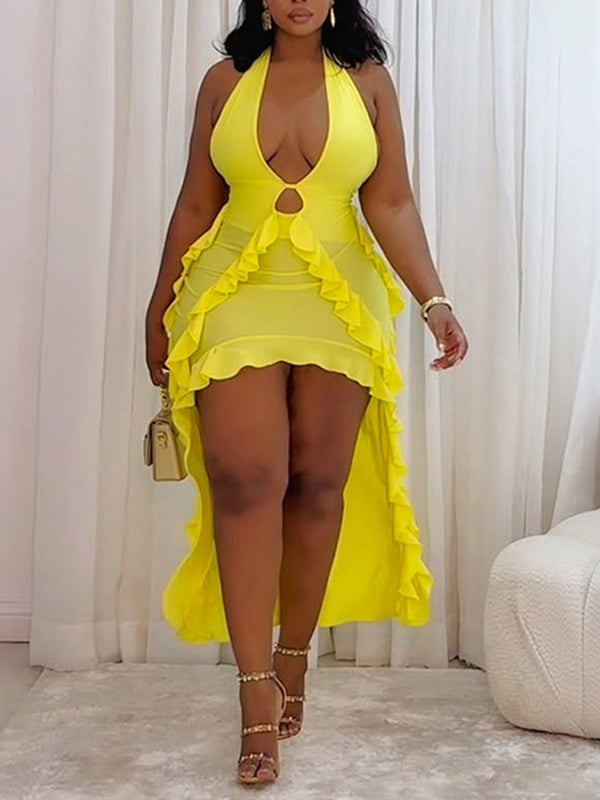 High-Low Ruffle Halter Dress