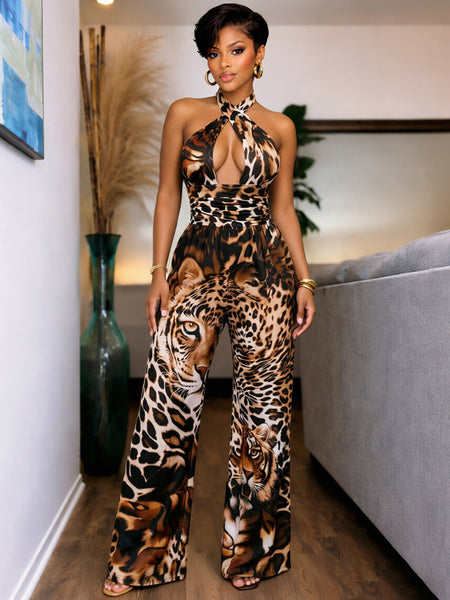Leopard Wide-Leg Halter Jumpsuit