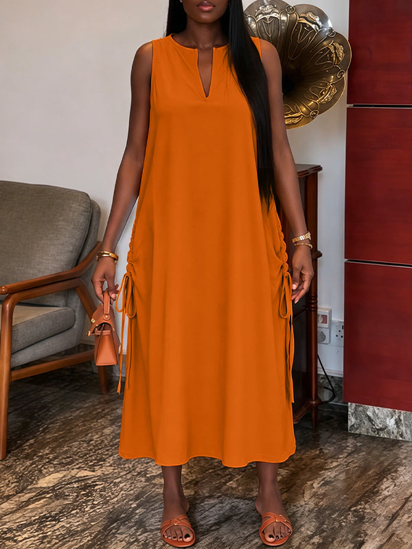 V-Neck Drawstring Sleeveless Dress