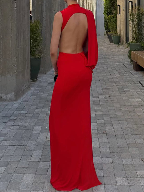 Solid Open-Back Sleeveless Maxi Dress