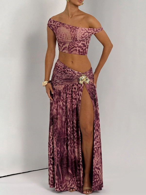 Printed Off-Shoulder Top & Slit Skirt Set