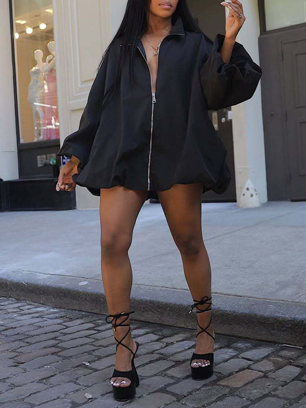 Solid Zip-Front Parachute Dress