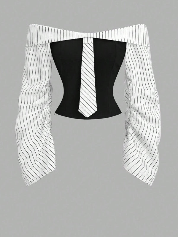 Stripe-Combo Off-Shoulder Top