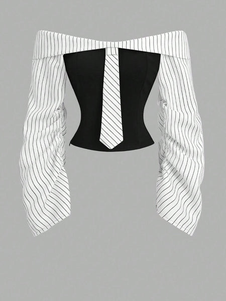 Stripe-Combo Off-Shoulder Top