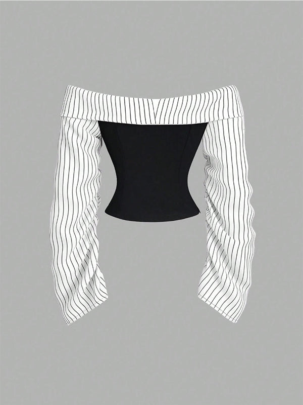 Stripe-Combo Off-Shoulder Top