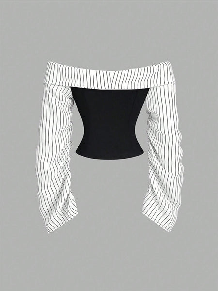 Stripe-Combo Off-Shoulder Top