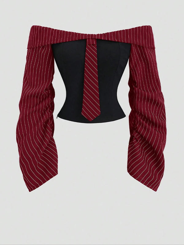 Stripe-Combo Off-Shoulder Top