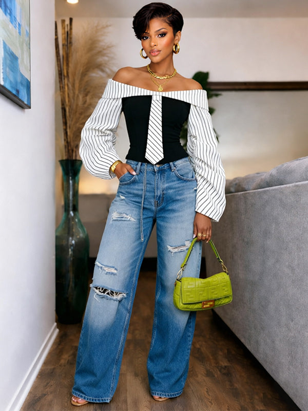 Stripe-Combo Off-Shoulder Top
