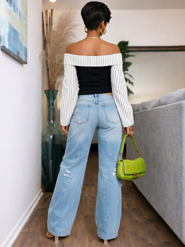 Stripe-Combo Off-Shoulder Top
