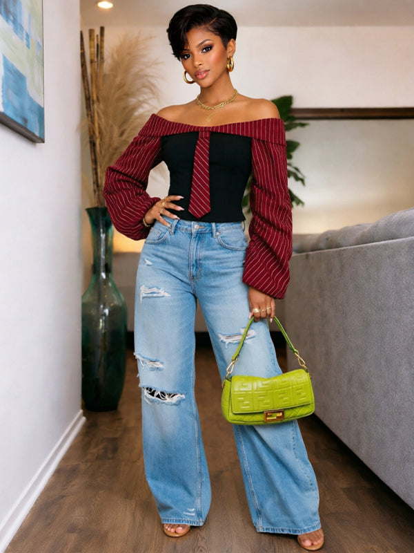 Stripe-Combo Off-Shoulder Top