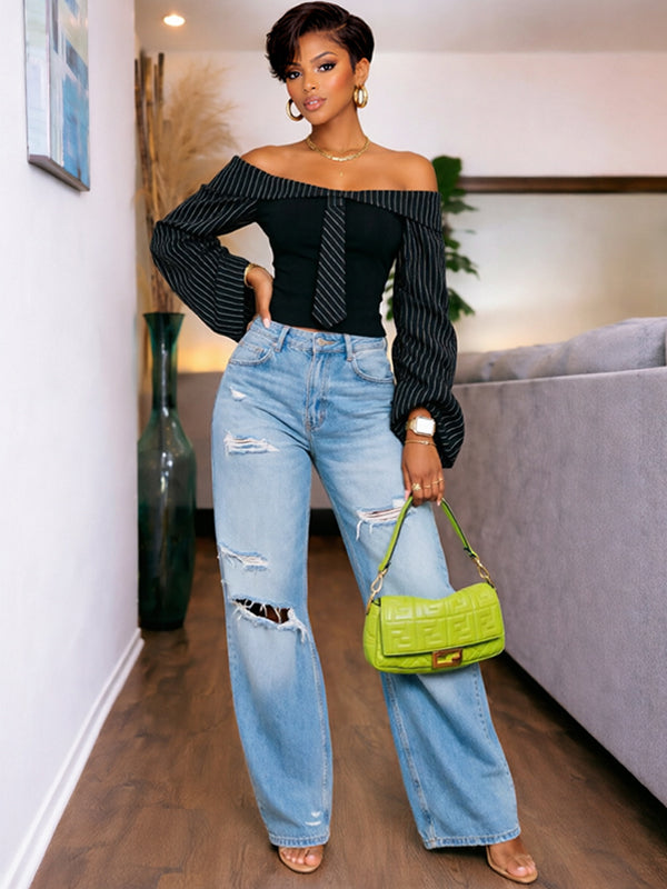 Stripe-Combo Off-Shoulder Top