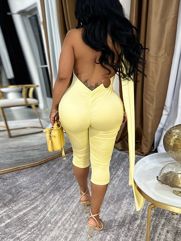 Tie-Neck Open-Back Capri Jumpsuit