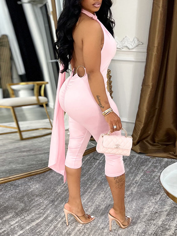 Tie-Neck Open-Back Capri Jumpsuit