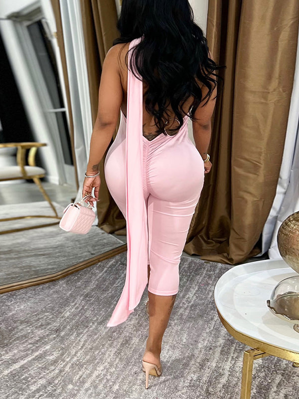 Tie-Neck Open-Back Capri Jumpsuit