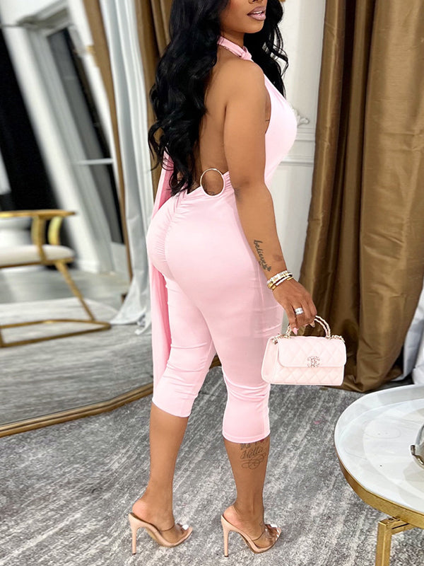 Tie-Neck Open-Back Capri Jumpsuit