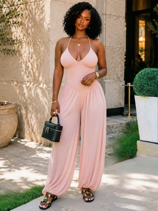 Sheer-Combo Lace-Up Cami Jumpsuit