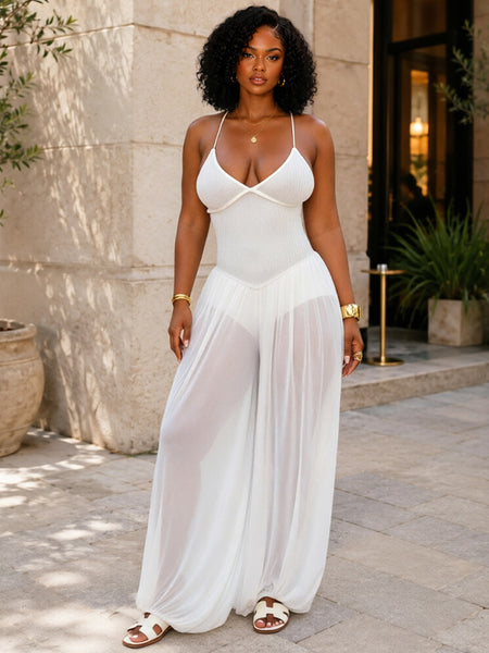 Sheer-Combo Lace-Up Cami Jumpsuit