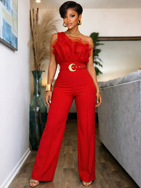 Sheer-Combo One-Shoulder Belted Jumpsuit