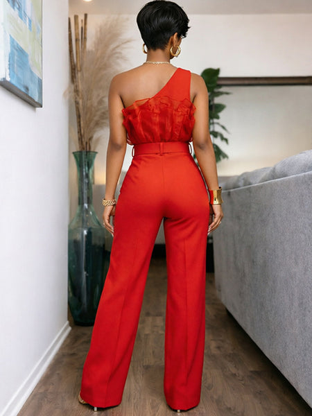 Sheer-Combo One-Shoulder Belted Jumpsuit