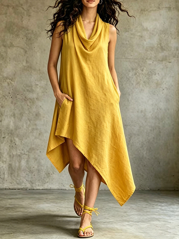 Asymmetric Cowl-Neck Sleeveless Dress