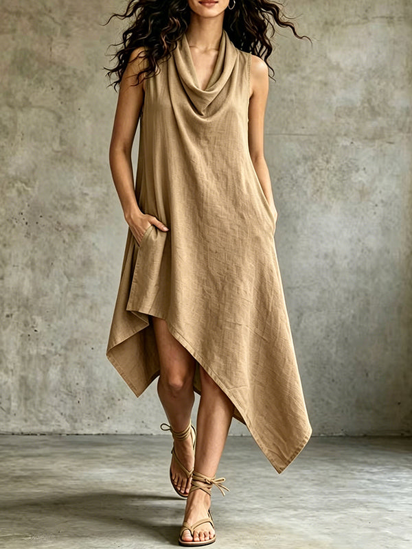 Asymmetric Cowl-Neck Sleeveless Dress