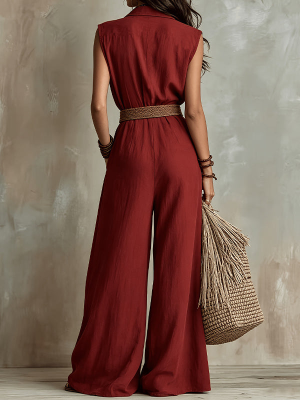 Button-Front Wide-Leg Sleeveless Jumpsuit
