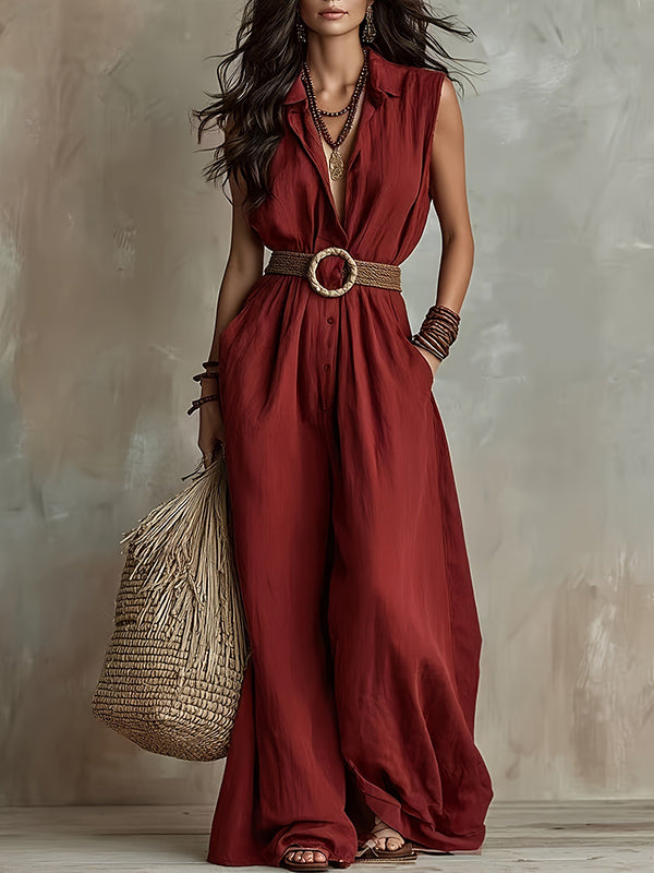 Button-Front Wide-Leg Sleeveless Jumpsuit
