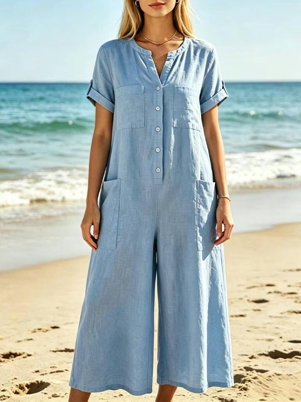 Button-Front Wide-Leg Jumpsuit