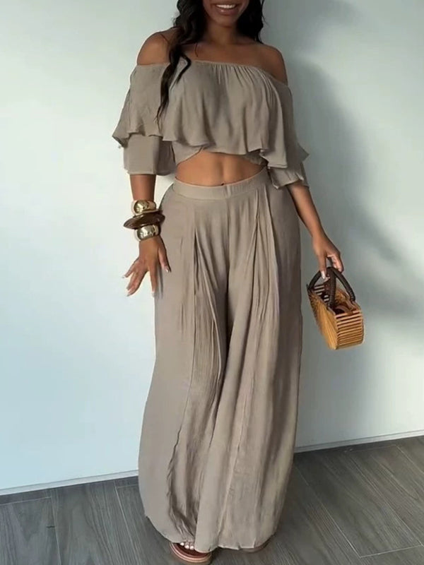 Solid Off-Shoulder Top & Pants Set