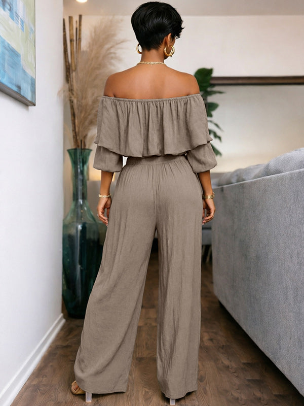 Solid Off-Shoulder Top & Pants Set