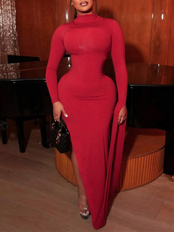 Mock-Neck Side-Slit Dress