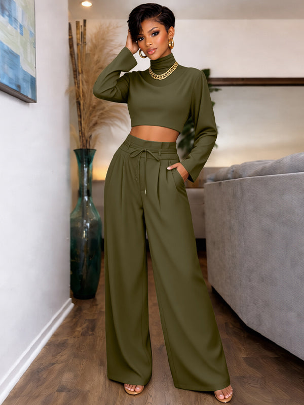 Solid Mock-Neck Top & Wide-Leg Pants Set