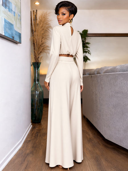 Solid Mock-Neck Top & Wide-Leg Pants Set