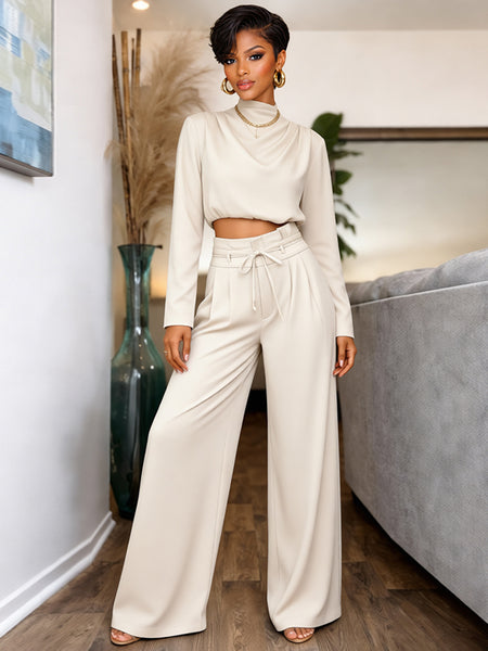 Solid Mock-Neck Top & Wide-Leg Pants Set