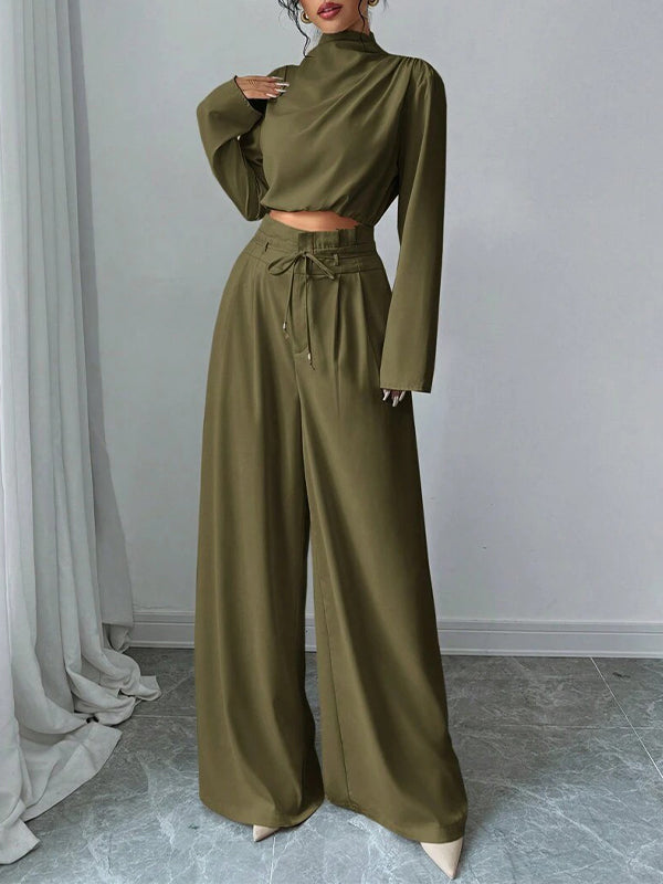Solid Mock-Neck Top & Wide-Leg Pants Set