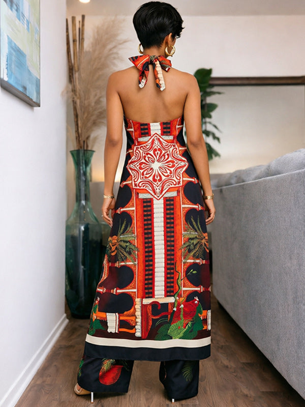 Printed Halter Tunic Top & Pants Set