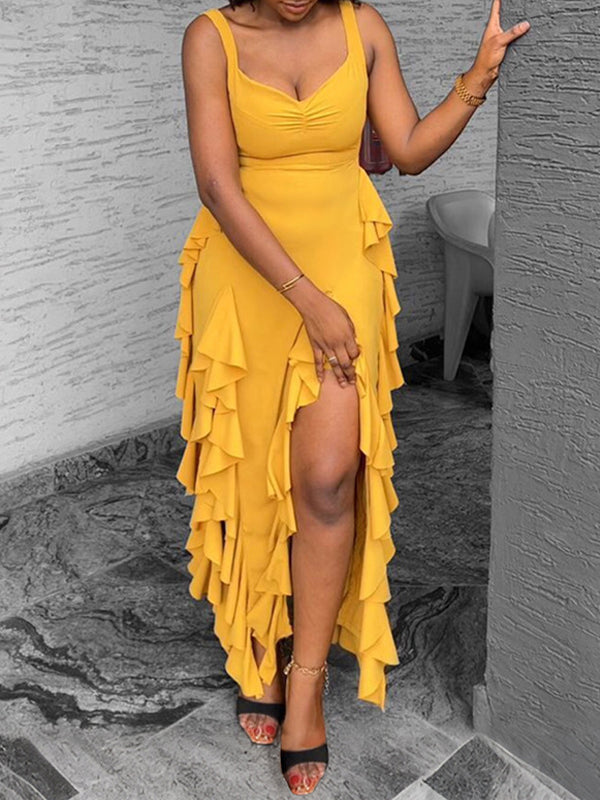 Ruffle Sleeveless Slit Dress