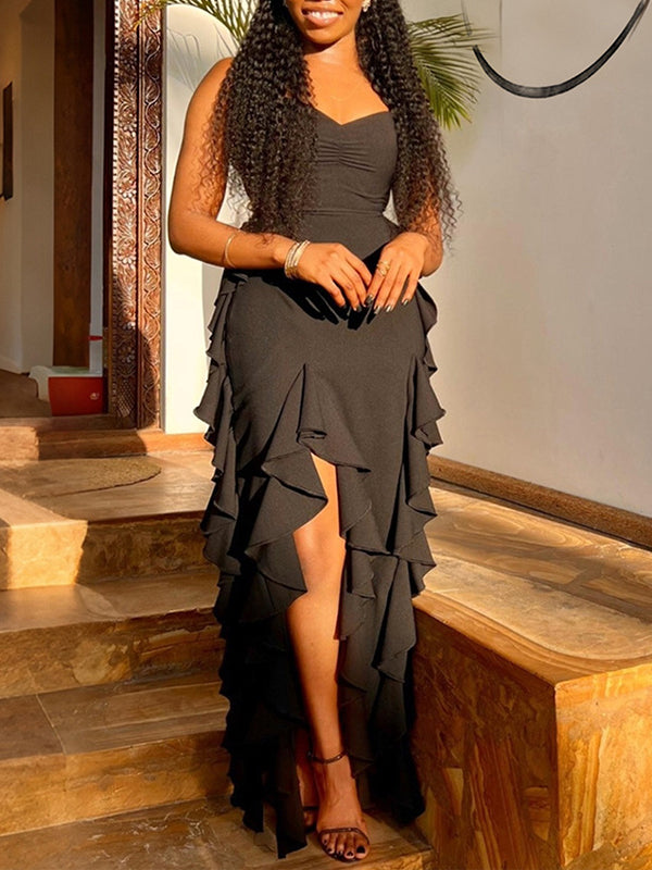 Ruffle Sleeveless Slit Dress