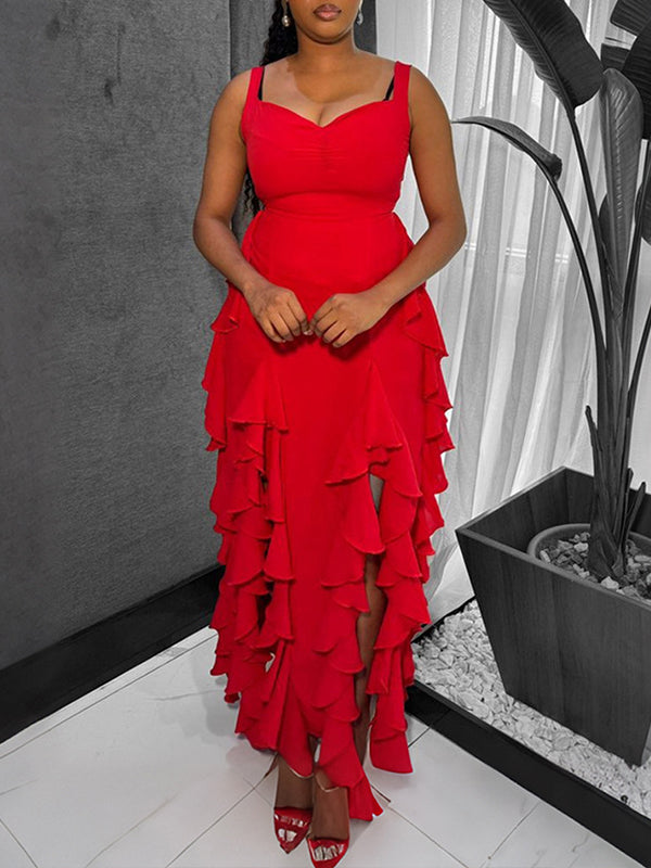 Ruffle Sleeveless Slit Dress