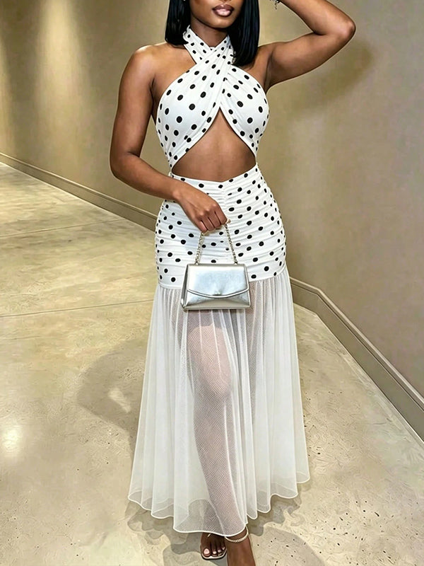 Dot Sheer-Combo Halter Dress