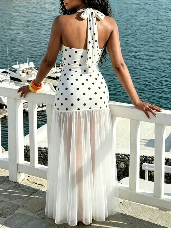 Dot Sheer-Combo Halter Dress