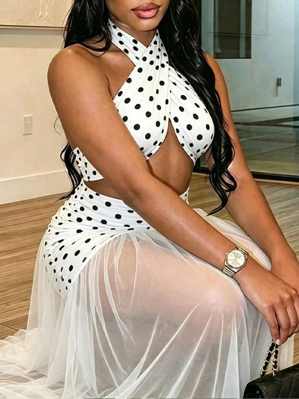 Dot Sheer-Combo Halter Dress