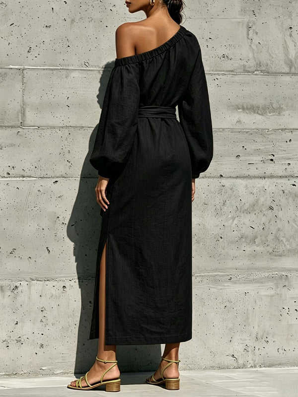 Boat-Neck Tied Slit Dress