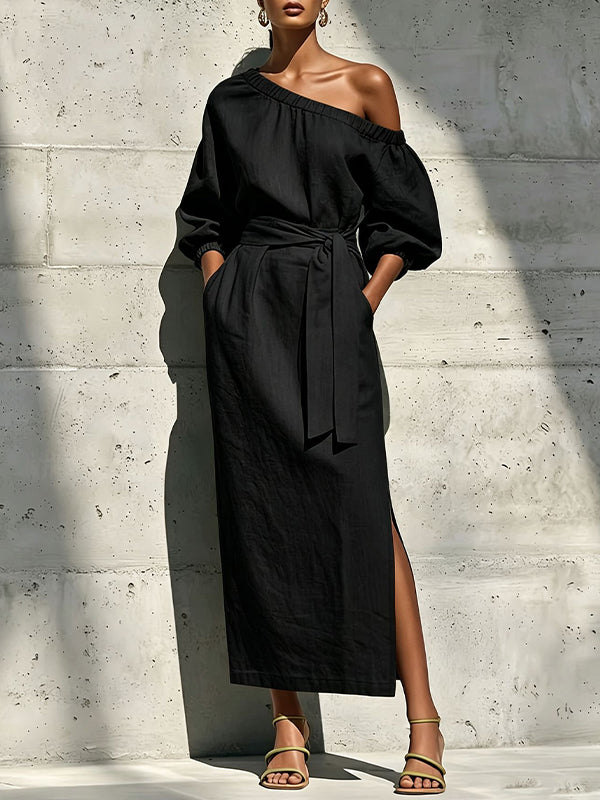 Boat-Neck Tied Slit Dress